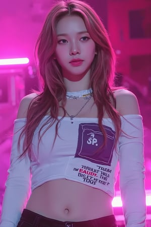 1girl, hip up body, kpop idol, styled shirt, standing, on stage, detailed clothes, looking at viewer, ultra detailed, beautiful face, natural lighting, magazine cover, 2.5D artstyle, best quality, masterpiece, aespakarina, straight camera angle, no pink lighting,