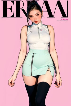 1girl, standing, looking at viewer, styled clothes, turtle neck shirt, sleeveless, zipped mini skirt, thighhighs, hairstyle, sharp focus, magazine cover, coloful background, 2D artstyle, outline, chimai,