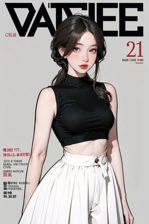 1girl, looking at viewer, styled clothes, turtle neck croptop, sleeveless, hairstyle, sharp focus, magazine cover, coloful background, 2D artstyle, outline, 

chimai,hine,hakil,yuong01,johyun