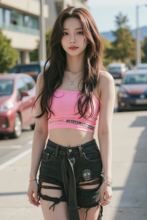 1girl, hip up body, kpop idol, croptop, standing, on street, detailed clothes, looking at viewer, ultra detailed, beautiful face, natural lighting, magazine cover, 2.5D artstyle, best quality, masterpiece, aespakarina, straight camera angle,