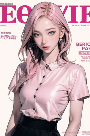 1girl, hip up body, standing, detailed beautiful face, pink hair, detailed clothes, shirt, skirt, earrings, looking at viewer, magazine cover, ((2D manga artstyle,)) aespakarina,