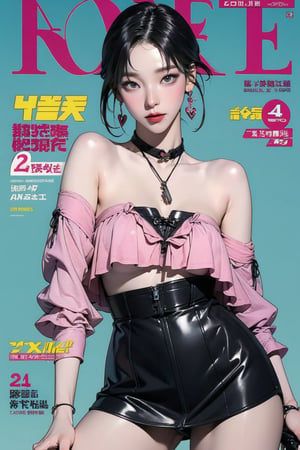 1girl, thigh up body, looking at viewer, styled clothes, hairstyle, aespakarina, magazine cover, earrings, 