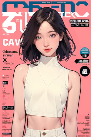 1girl, looking at viewer, styled clothes, turtle neck croptop, sleeveless, hairstyle, sharp focus, magazine cover, coloful background, 2D artstyle, outline, chimai,hine