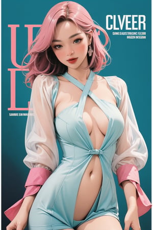 lustful, allure, sexy, 1girl, cyan pink hair, thigh up body, detailed beautiful face, detailed beautiful eyes, looking at viewer, translucent, intricate clothes, cutout clothes, navel cutout, cinematic lighting, different hairstyle, magazine cover, green background, sim