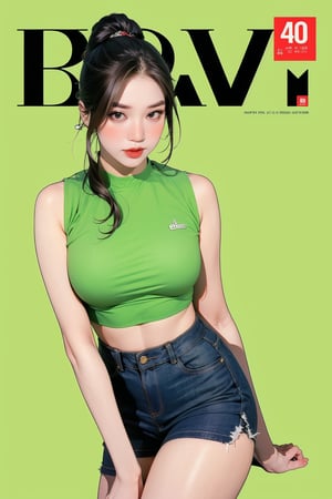 1girl, thigh up body, detailed clothes, kpop idol, hairstyle, croptop, looking at viewer, sharp focus, magazine cover, green background, ((outline,)) chimai, aespakarina,sanatw