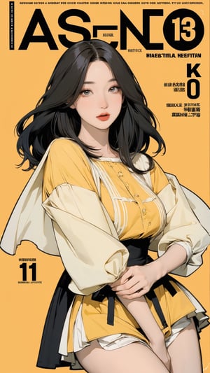 1girl, looking at viewer, thigh up body, sexy and elegant, yellow background, cutout clothing, hairstyle, cinematic composition, styled clothes,  ultra detailed, best quality, sharp focus, magazine cover, outline, 2D artstyle, htt