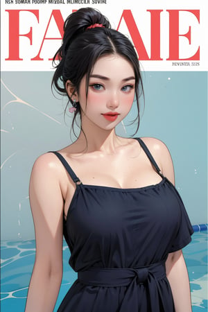 1girl, ((swimming girl,)) standing, hairstyle, looking at viewer, detailed clothes, earrings, magazine cover, chimai