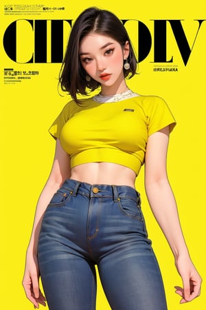 1girl, thigh up body, detailed clothes, kpop idol, hairstyle, croptop, large_boyfriend_jeans_trouser, looking at viewer, sharp focus, magazine cover, yellow background, ((outline,)) chimai, aespakarina,sanatw