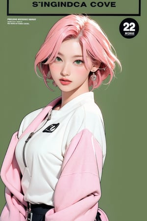 tennis girl outfit, 1girl, standing, pink hair, looking at viewer, hairstyle, detailed clothes, earrings, sanatw, magazine cover, green background, 2D artstyle,