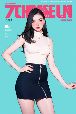 1girl, standing, looking at viewer, styled clothes, turtle neck shirt, sleeveless, zipped mini skirt, stocking, hairstyle, sharp focus, magazine cover, coloful background, 2D artstyle, outline, chimai,