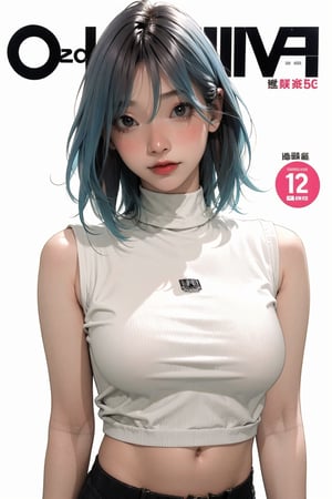 1girl, looking at viewer, styled clothes, turtle neck croptop, sleeveless, hairstyle, sharp focus, magazine cover, coloful background, 2D artstyle, outline, 

chimai,hine,hakil,yuong01