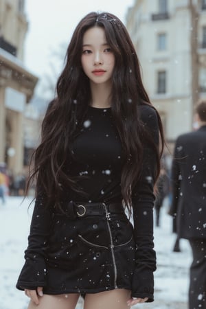 1girl, hip up body, miniskirt, hairstyle, on paris street corner, winter, snow floating, snow on hair, snow on clothes, looking at viewer, ultra detailed, beautiful face, natural lighting, 2D artstyle, best quality, masterpiece, aespakarina, straight camera angle, noise effect, blurring effect,