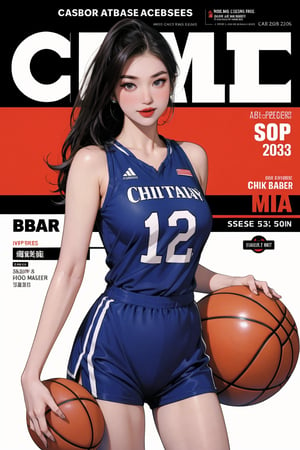 1girl, thigh up body, ((basketball girl outfit,)) standing, hairstyle, looking at viewer, detailed clothes, earrings, magazine cover, chimai