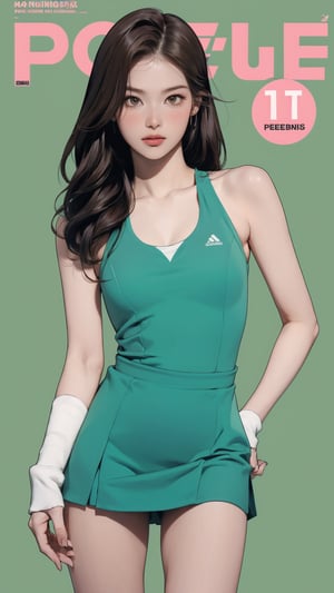 1girl, standing, thigh up body, ((looking at viewer, tennis girl outfit, center opening,)) 2D artstyle, magazine cover, outline, earings, blush, green background, hairstyle, ultra detailed, best quality, sharp focus, ,DiaSondef,sophiesw,Mia ,Anna ,mthanhh,minatw,momo,sanatw