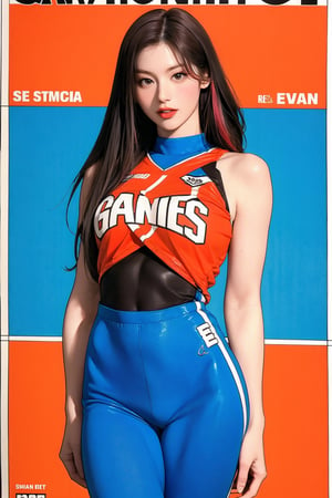 A stunning athlete strikes a pose on the cover of Santaw magazine, her gaze directly engaging with the viewer. The camera captures her in a dramatic, diagonal composition, with her thigh-high body suit showcasing her toned physique. Her basketball-inspired outfit features bold, graphic patterns and vibrant colors, drawing attention to her confident expression. The overall effect is dynamic, energetic, and irresistible.