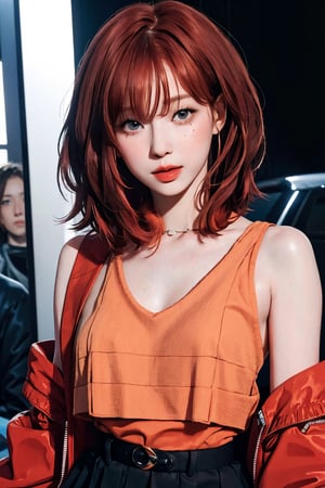 1girl, singer, idol, looking at viewer, styled croptop, short red hair, hair bangs, long sleeves, skirt, high quality, ultra detailed, highres, 8k, accurate color reproduction, best quality, photo by Canon 5d, 50mm ZEISS lens, sharp focus, natural lighting, wide angle, magazine cover, aespakarina,sanatw,aespawinter