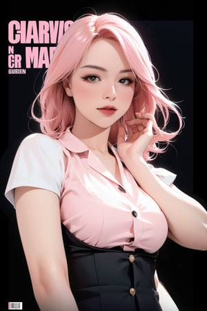 1girl, thigh up, looking at viewer, pink hair, styled clothes, ultra detail, accurate color reproduction, black background, best quality, professionally color graded, artwork, blurring effect, professional lighting, sanatw, magazine cover,sim