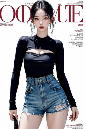 1girl, thigh up body, standing, looking at viewer, styled clothes, hairstyle, aespakarina, magazine cover, earrings, 