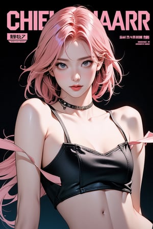 1girl, thigh up body, looking at viewer, pink hair, styled clothes, ultra detail, accurate color reproduction, black background, best quality, professionally color graded, artwork, blurring effect, professional lighting, sanatw, magazine cover,sim,chimai,aespakarina,jisoo