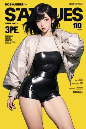 1girl, thigh up body, detailed clothes, kpop idol, short length hair, 2_braided_hair, blunt bangs, looking at viewer, sharp focus, magazine cover, yellow background, ((outline,)) chimai, aespakarina,sanatw