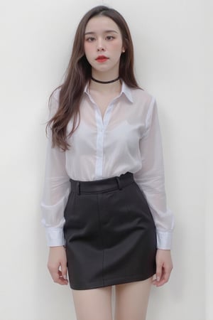 portrait, 1girl, thigh up, light make up, styled shirt, skirt, piercing, looking at viewer, make up, choker, hairstyled, white background, highres, accurate color reproduction, sharp focus, 
aespakarina, chimai,Enhanced all,charcoal \(medium\),yuongg,hine,hakil,haoulz