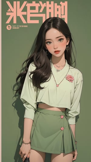 1girl, standing, thigh up body, ((looking at viewer, tennis girl outfit, miniskirt,)) 2D artstyle, magazine cover, outline, earings, blush, green background, hairstyle, ultra detailed, best quality, sharp focus,rosé,jisoo,shuhua,kn