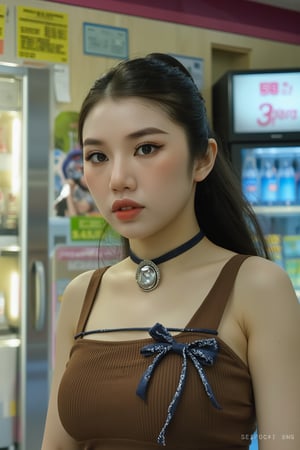 1girl, looking at viewer, styled strap shirt, ((choker bell,)) detailed clothes, hairstyle, profesional lighting, magazine cover, convenience store, soda cabinet, 7elenven, semirealistic, advertisement,

aespakarina, chimai,sim,hine,hakil,kn,Enhanced all