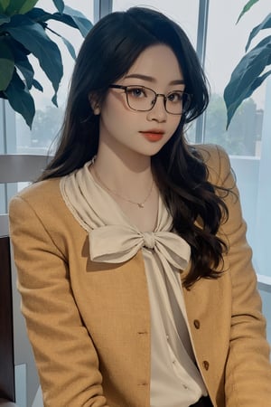 ((styled clothes, looking straight at viewer,)) necklace, eyeglasses, 1girl, ultra detailed, best quality, sharp focus, natural lighting, huondey,