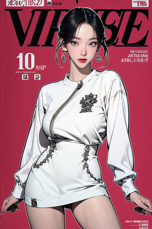 1girl, thigh up body, looking at viewer, styled clothes, hairstyle, aespakarina, magazine cover, earrings, ((2D artstyle, outline,))