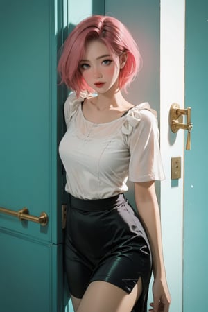 lustful, allure, sexy, ((sport_girl outfit)), 1girl, pink hair, thigh up body, looking at viewer, translucent, intricate clothes, cutout clothes, cinematic lighting, different hairstyle, magazine cover, green background,  kmiu,open door, doorway