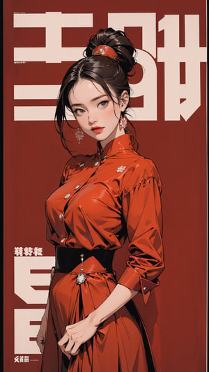 1girl, looking at viewer, thigh up body, sexy and elegant, red background, hairstyle, dynamic composition, styled clothes, cutout clothing, shirt, skirt, ultra detailed, best quality, sharp focus, aespakarina, magazine cover, outline, 2D art, chimai,htt,sim,huondey,kn