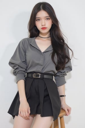 portrait, 1girl, thigh up, light make up, styled shirt, skirt, piercing, looking at viewer, make up, choker, hairstyled, white background, highres, accurate color reproduction, sharp focus, 
aespakarina, chimai,Enhanced all,charcoal \(medium\),yuongg,hine,hakil