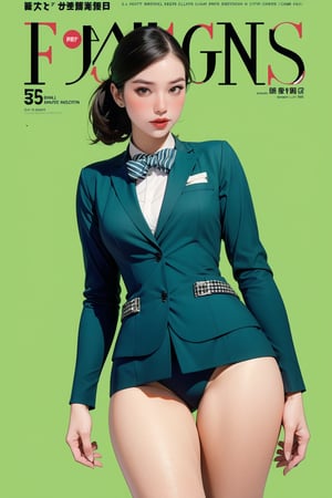 1girl, ((flight attendant outfit,)) thigh up body, detailed clothes, looking at viewer, sharp focus, magazine cover, green background, chimai,