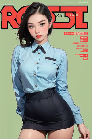 1girl, flight attendant outfit, thigh up body, detailed clothes, looking at viewer, sharp focus, magazine cover, green background, ((outline,)) chimai,