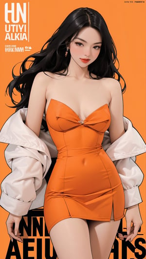 1girl, looking at viewer, thigh up body, stocking, earings, elegant, allure emotion, nsfw, orange background, hairstyle, styled clothes, cutout clothes, dynamic composition, ultra detailed, best quality, sharp focus, magazine cover, outline, 2D artstyle,aespakarina,htt,sim