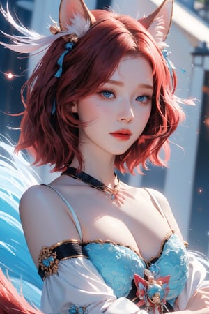 short red hair, 1girl, half body, accessories, piercing, intricate background, fantasy, mythical, misterious, masterpiece, best quality, dynamic angle, cinematic composition, aespawinter, white clothes, fox tail,