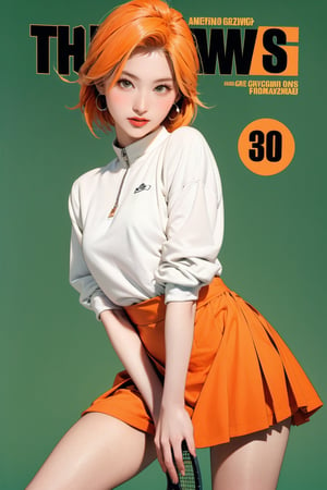 tennis girl outfit, 1girl, thigh up body, orange hair, looking at viewer, hairstyle, detailed clothes, earrings, sanatw, magazine cover, green background,