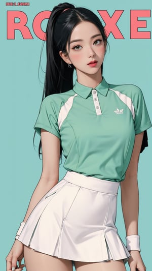 1girl, standing, thigh up body, ((looking at viewer, tennis girl outfit,)) 2D artstyle, magazine cover, outline, earings, blush, green background, hairstyle, ultra detailed, best quality, sharp focus,rosé,jisoo