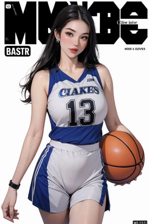 1girl, thigh up body, ((basketball girl outfit,)) standing, hairstyle, looking at viewer, detailed clothes, earrings, magazine cover, chimai