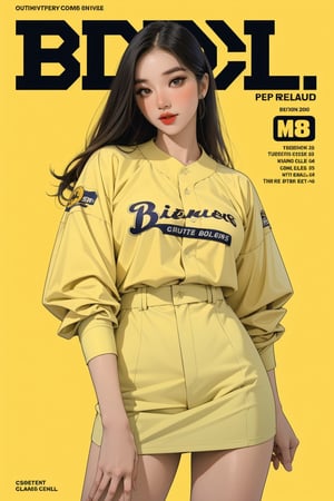 1girl, thigh up, looking at viewer, detailed clothes, baseball girl outfit, accurate color reproduction, best quality, professionally color graded, artwork, blurring effect, professional lighting, sanatw, magazine cover, yellow background, jisoo,chimai,miyeon,aespakarina