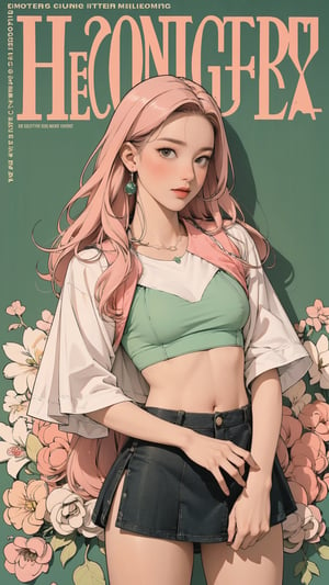 1girl, standing, thigh up body, ((looking at viewer, tennis girl outfit, miniskirt, midriff,)) center opening, 2D artstyle, magazine cover, outline, earings, blush, green background, hairstyle, ultra detailed, best quality, sharp focus,rosé,jisoo,shuhua,kn