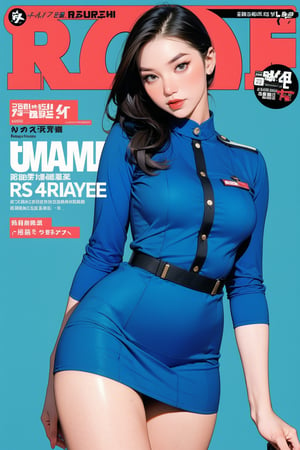 1girl, flight attendant, thigh up body, styled detailed clothes, looking at viewer, sharp focus, magazine cover, blue background, chimai,