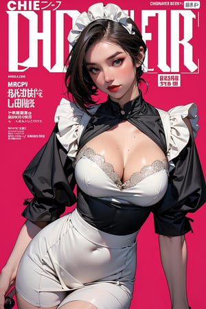 lustful, ((maid,)) thigh up body, 1girl, looking at viewer, intricate clothes, professional lighting, different hairstyle, coloful outfit, magazine cover, outline, chimai