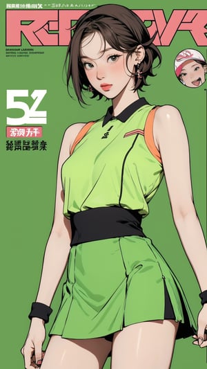 1girl, standing, thigh up body, hairband, ((looking at viewer, tennis girl outfit,)) 2D artstyle, magazine cover, outline, earings, blush, green background, hairstyle, ultra detailed, best quality, sharp focus, kmiu,sim,haohaoulz,aespawinter