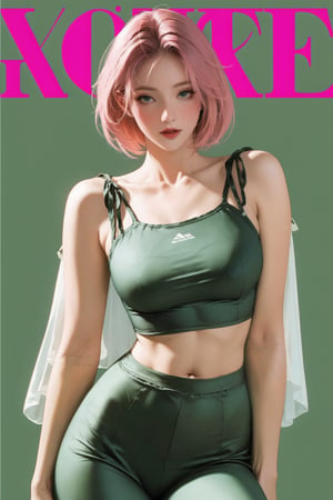 lustful, allure, sexy, ((sport_girl outfit)), 1girl, pink hair, thigh up body, looking at viewer, translucent, intricate clothes, cutout clothes, cinematic lighting, different hairstyle, magazine cover, green background,  kmiu