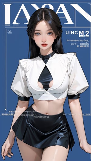 1girl, looking at viewer, thigh up body, midriff, beautiful and elegant, blue background, ((miniskirt, cutout clothing,)) hairstyle, dynamic composition, styled clothes,  ultra detailed, best quality, sharp focus, aespakarina, ((magazine cover, outline, 2.5D artstyle,)) kn,htt