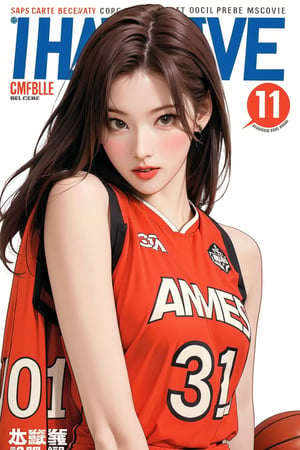 1girl, thigh up body, basketball girl outfit, looking at viewer, detailed clothes, earrings, sanatw, magazine cover, dynamic angle,