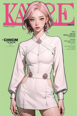 allure, 1girl, thigh up body, detailed clothes, cutout, kpop idol outfit, styled, medium hair, pink hair, looking at viewer, sharp focus, magazine cover, green background, ((outline,)) chimai, aespakarina,sanatw