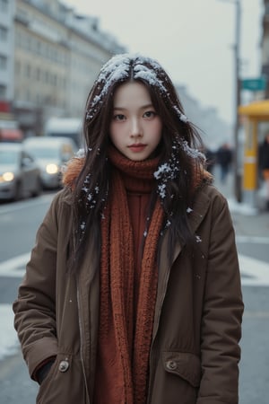 1girl, thigh up body, long dress, turtle neck shirt, down jacket, big scarf, hairstyle, on paris street corner, winter, snow on hair, snow on clothes, looking at viewer, ultra detailed, beautiful face, natural lighting, 2D artstyle, best quality, masterpiece, aespakarina, straight camera angle, noise effect, blurring effect,