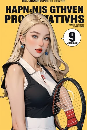 1girl, ((tennis girl outfit,)) hip up, blonde hair, ((looking at viewer,)) detailed clothes, earrings, magazine cover, chimai